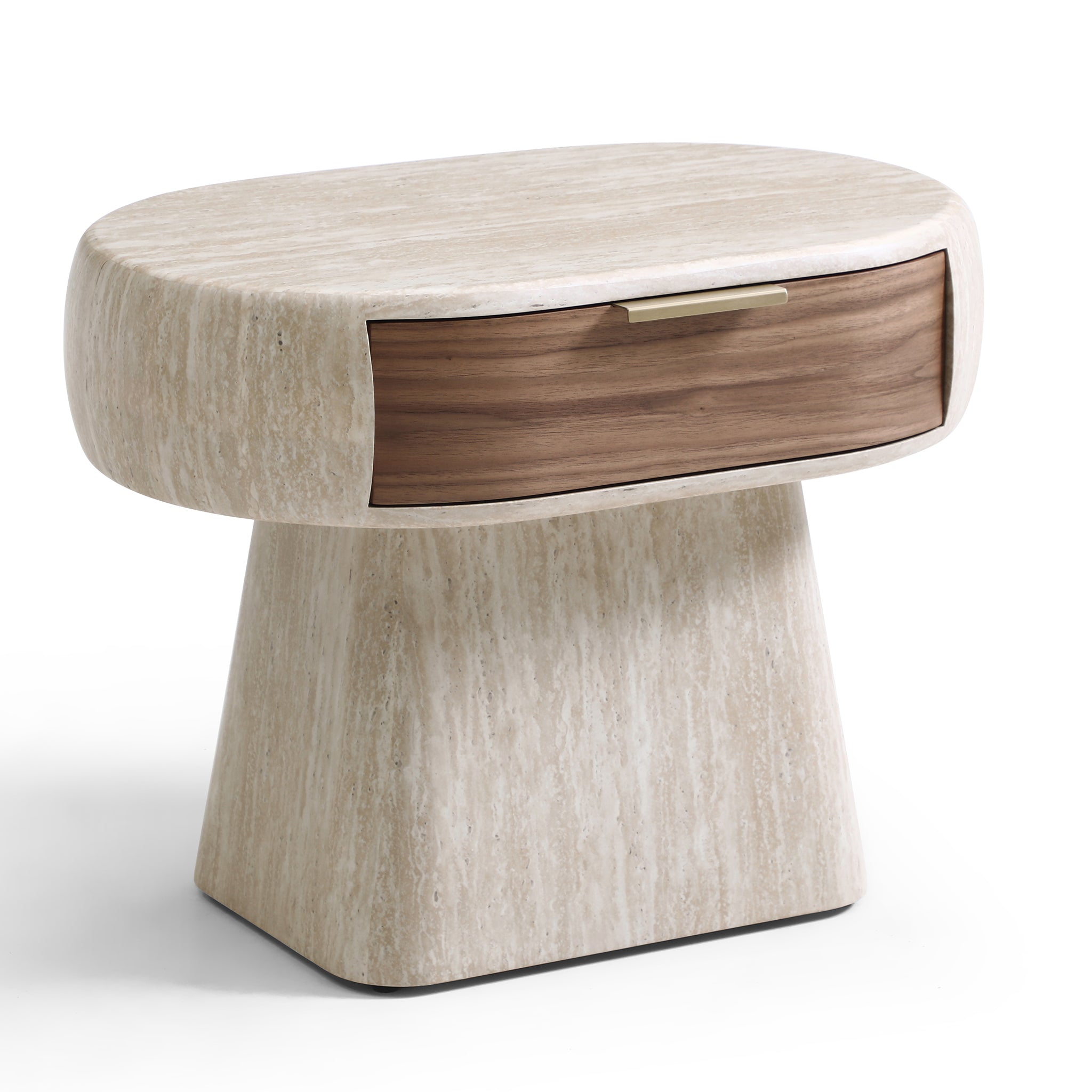 Modern Travertine-Look Pedestal Nightstand with Walnut Drawer