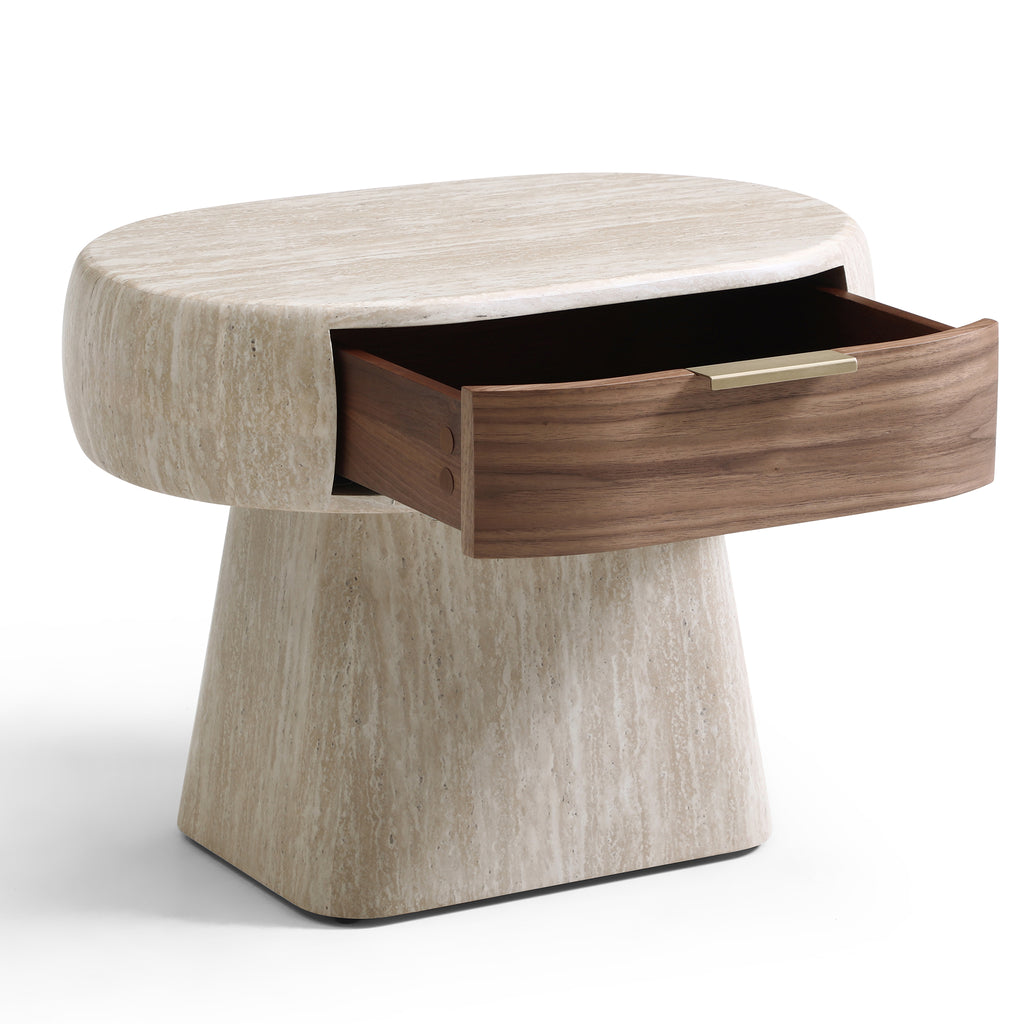 Modern Travertine-Look Pedestal Nightstand with Walnut Drawer