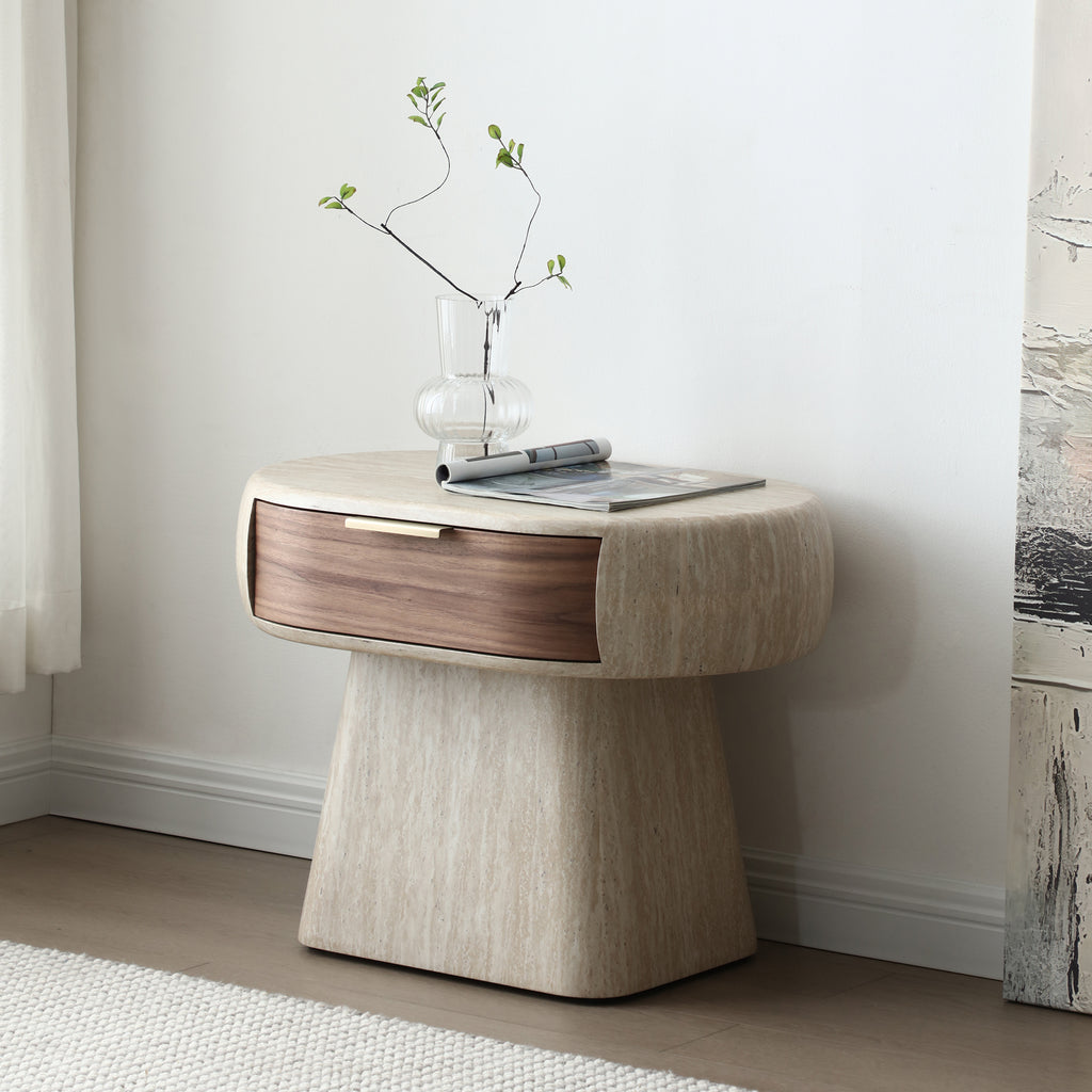 Modern Travertine-Look Pedestal Nightstand with Walnut Drawer