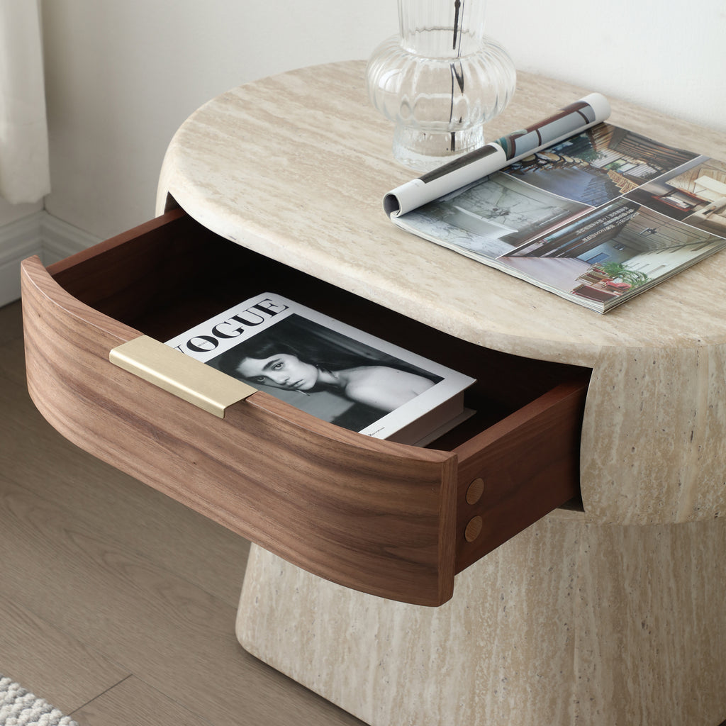Modern Travertine-Look Pedestal Nightstand with Walnut Drawer