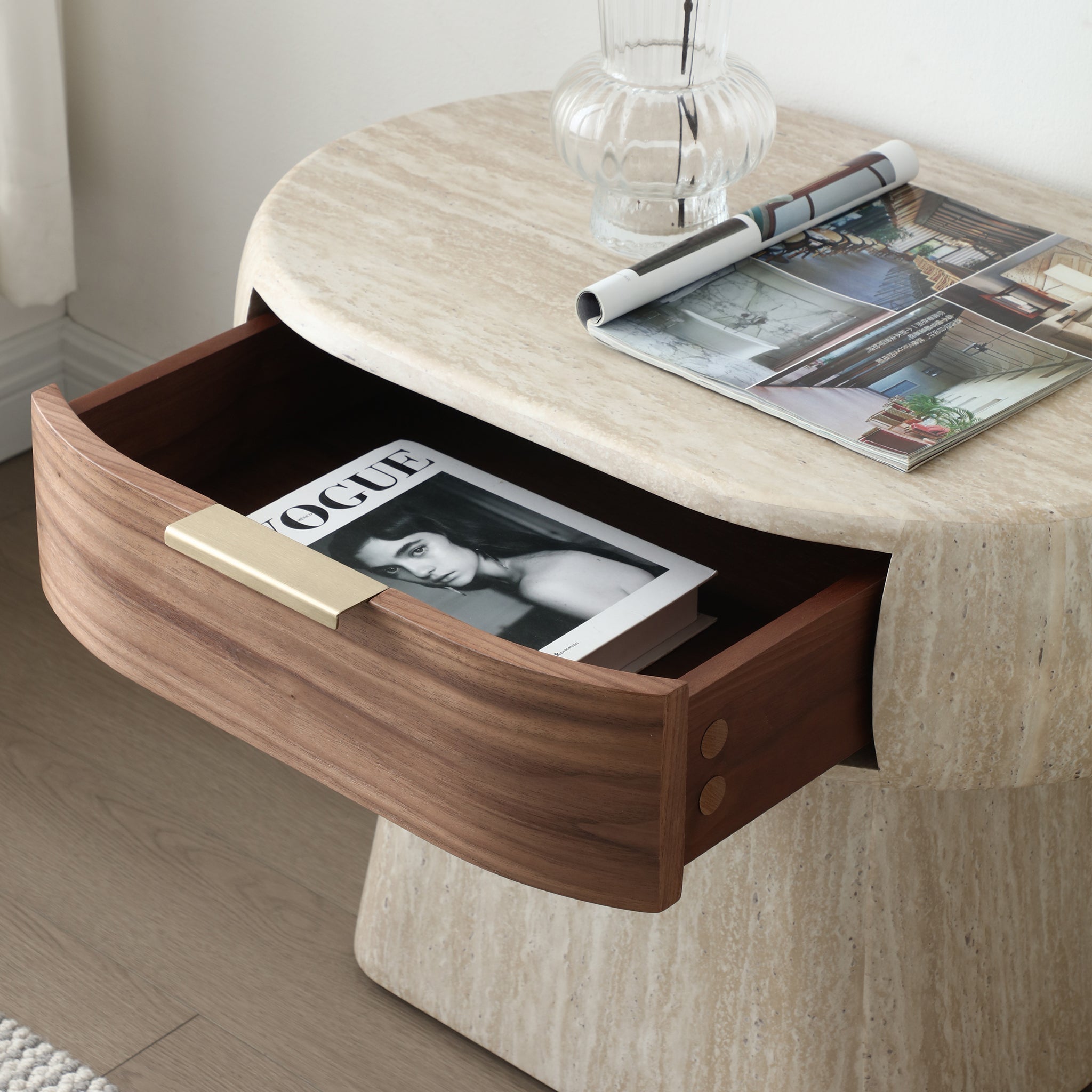 Modern Travertine-Look Pedestal Nightstand with Walnut Drawer