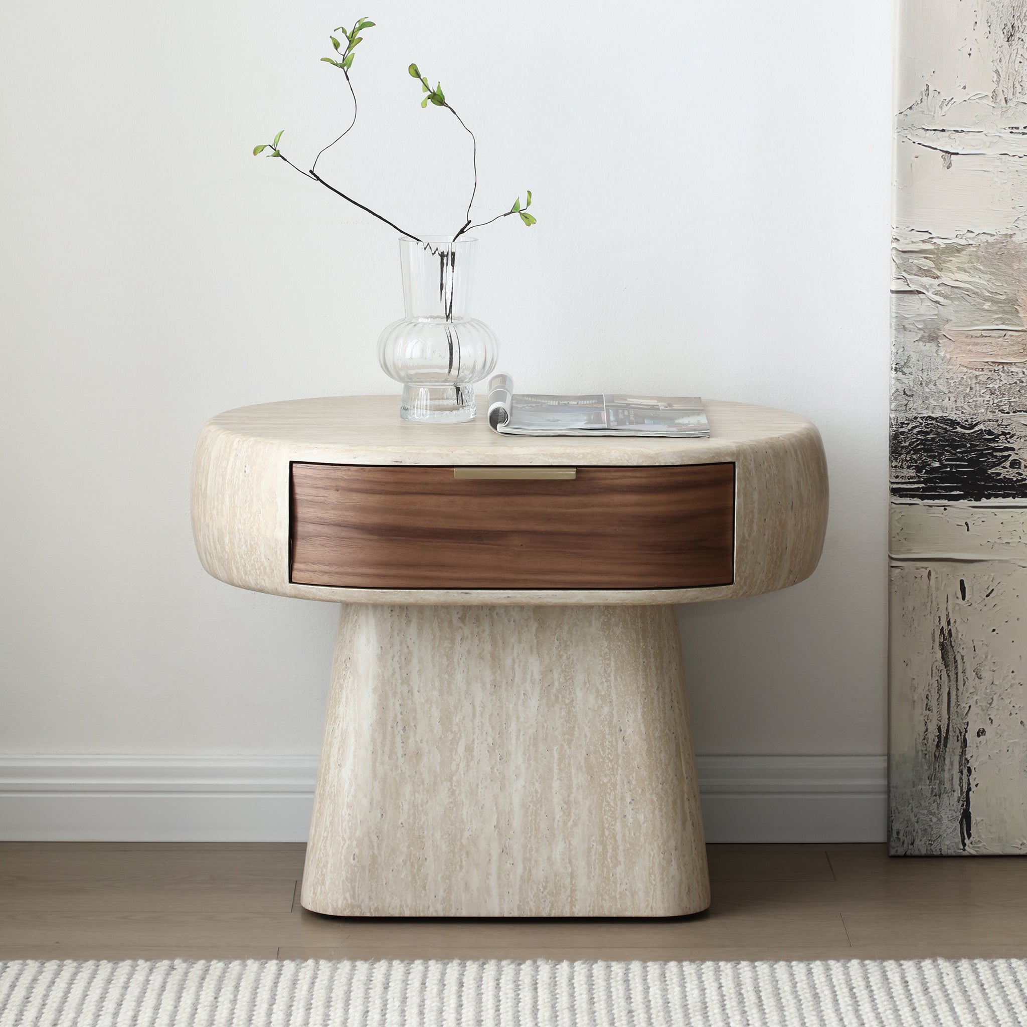 Modern Travertine-Look Pedestal Nightstand with Walnut Drawer