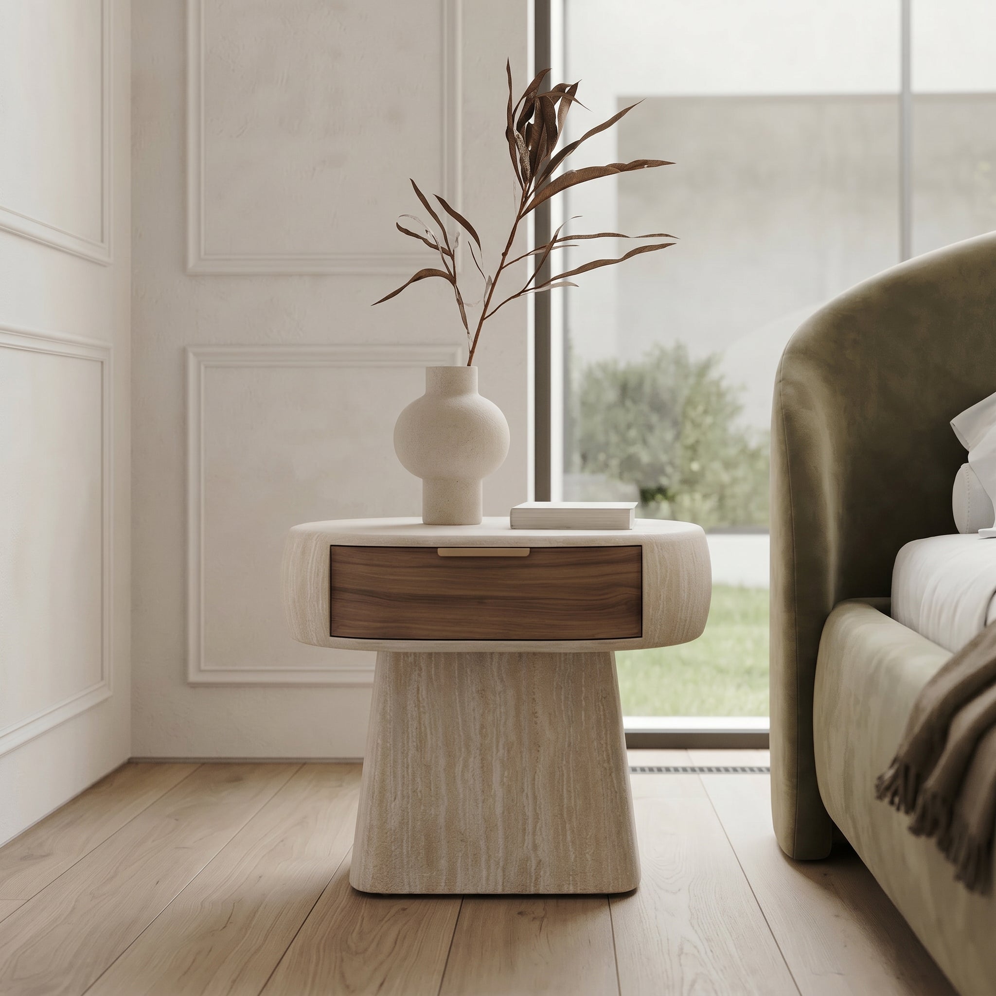 Modern Travertine-Look Pedestal Nightstand with Walnut Drawer