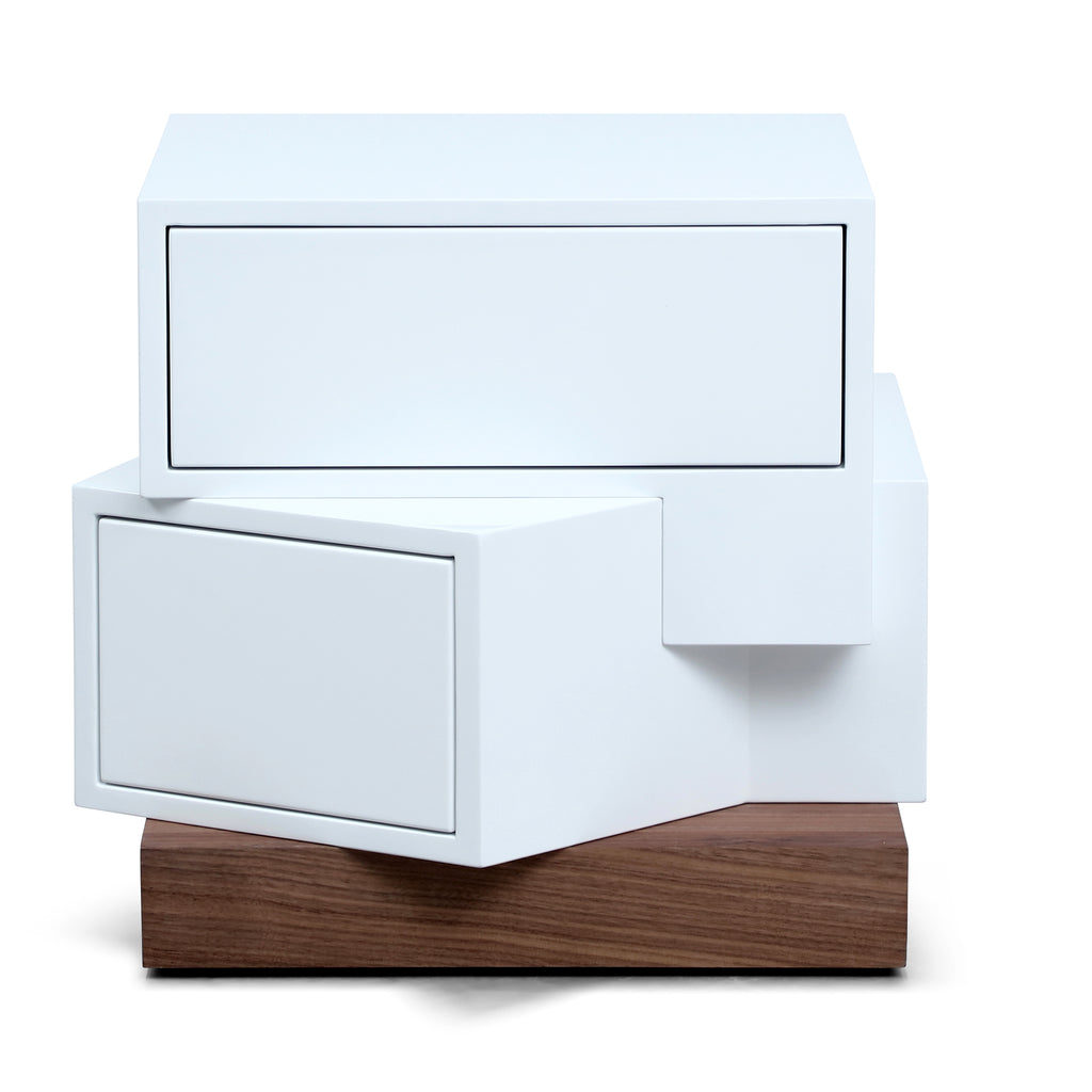 Modern White 2-Drawer Nightstand with Walnut Base - Asymmetrical Design