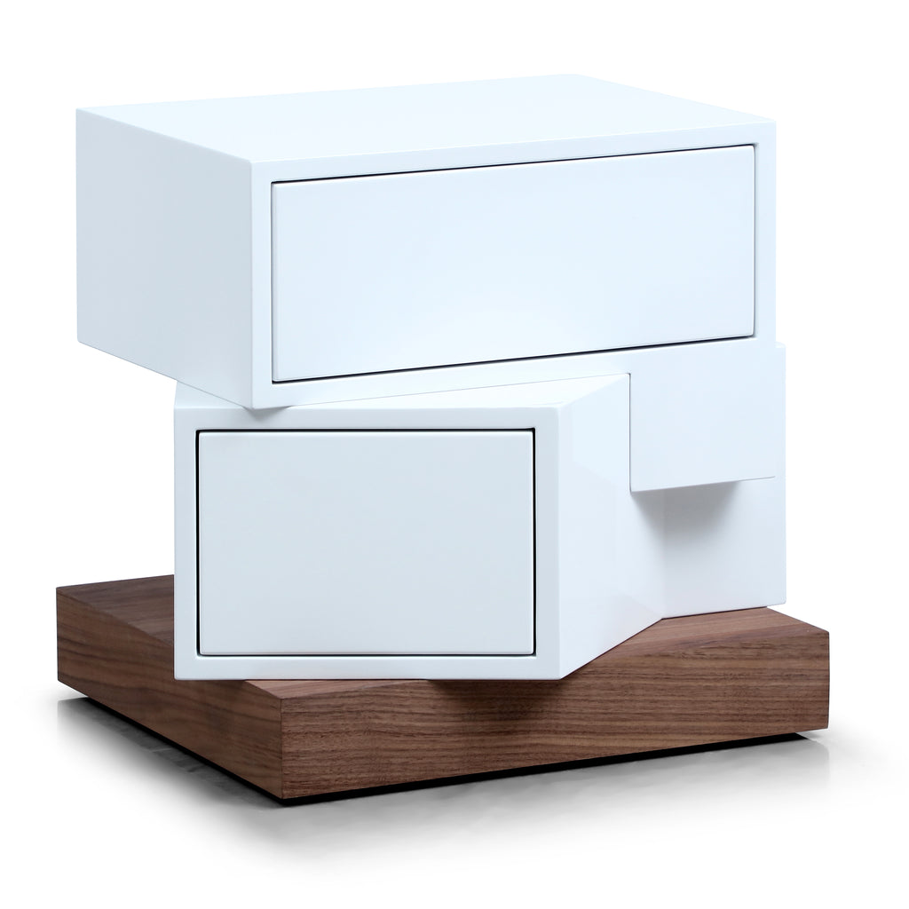 Modern White 2-Drawer Nightstand with Walnut Base - Asymmetrical Design