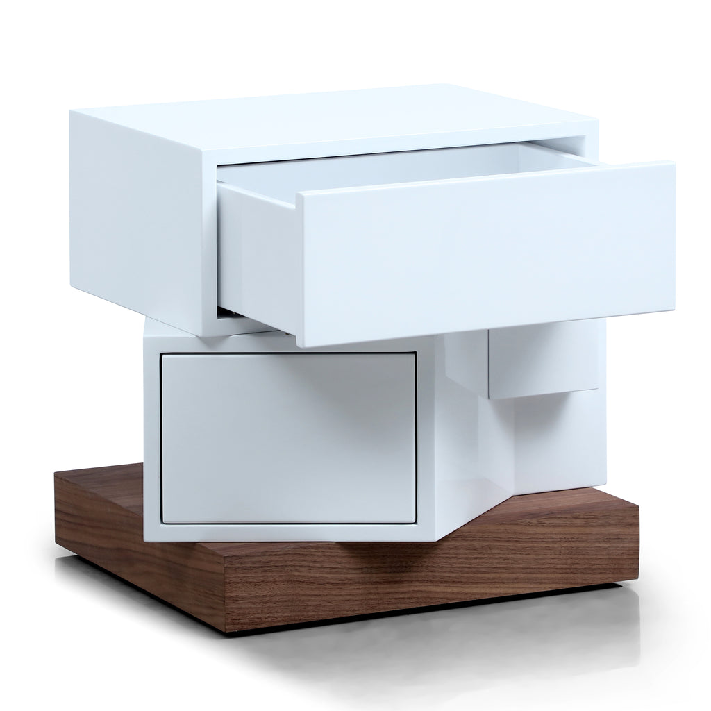 Modern White 2-Drawer Nightstand with Walnut Base - Asymmetrical Design