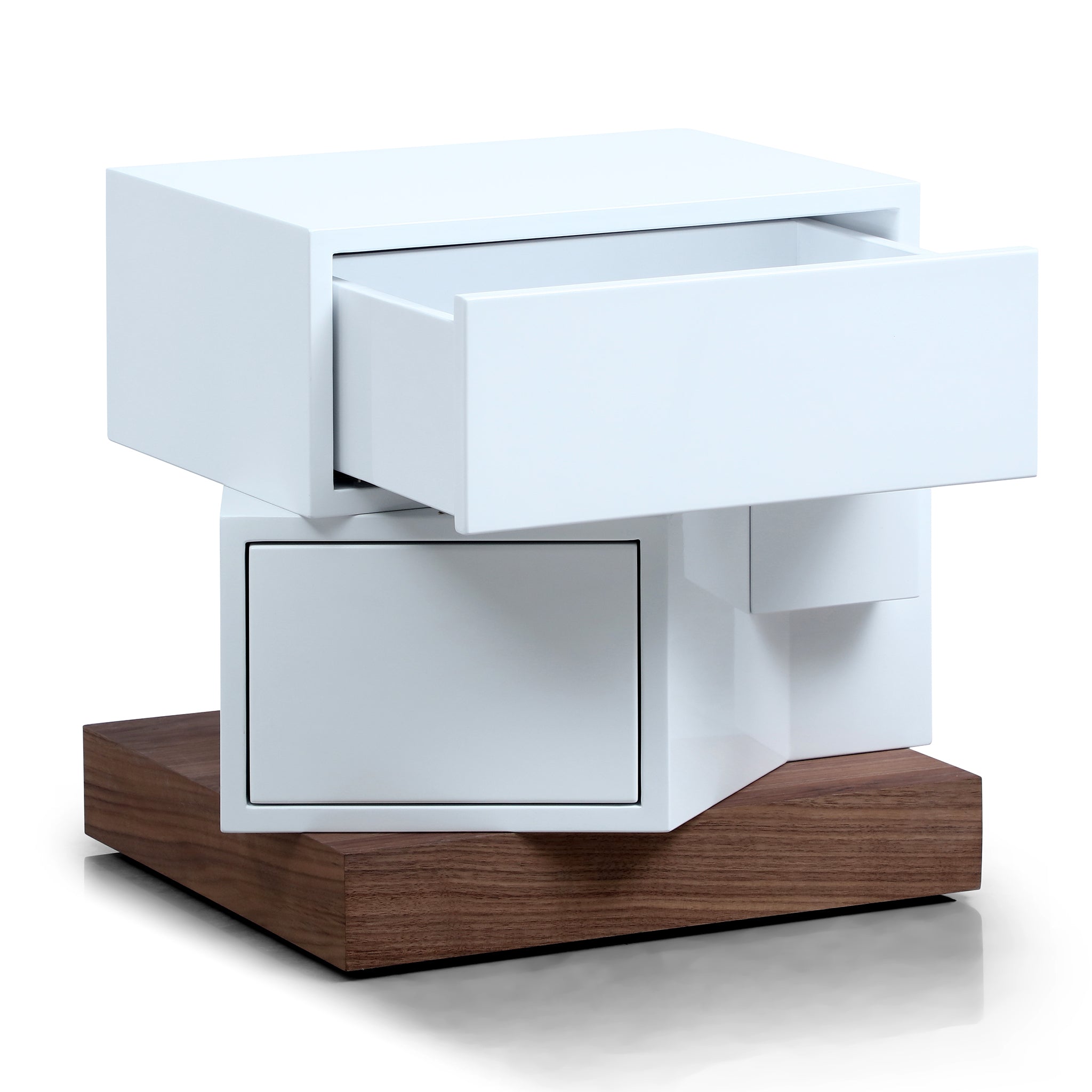 Modern White 2-Drawer Nightstand with Walnut Base - Asymmetrical Design