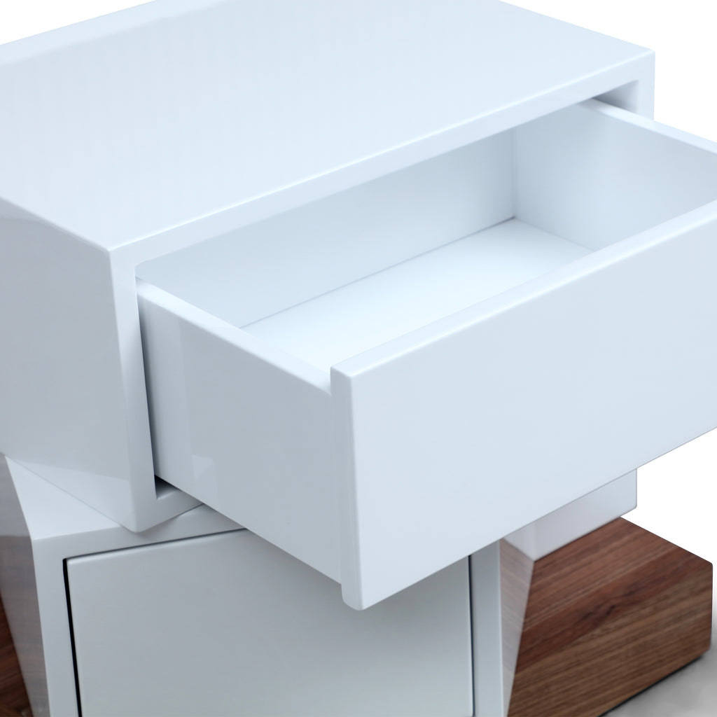 Modern White 2-Drawer Nightstand with Walnut Base - Asymmetrical Design