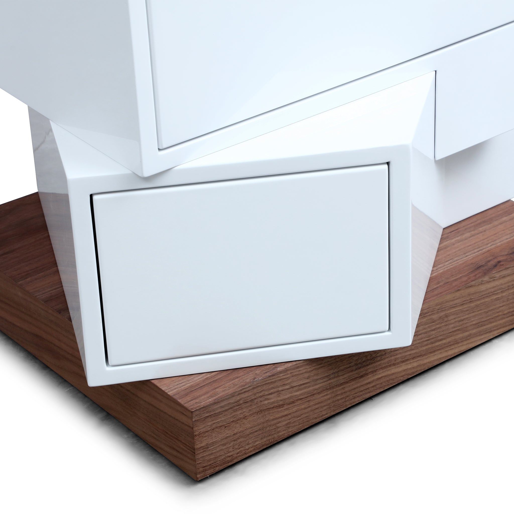 Modern White 2-Drawer Nightstand with Walnut Base - Asymmetrical Design