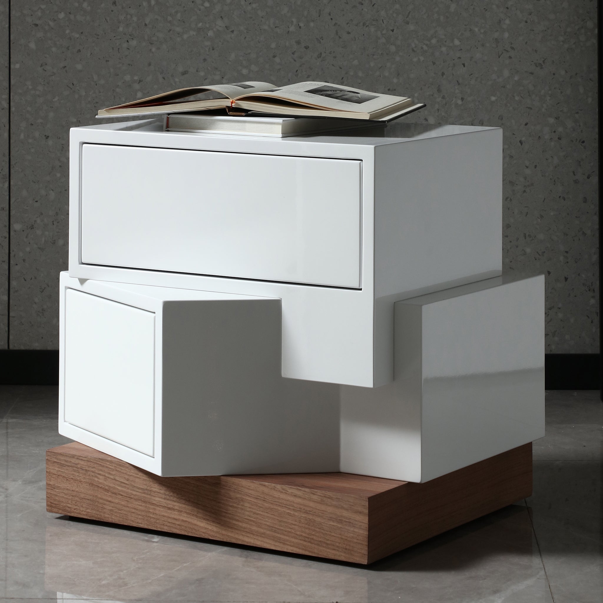 Modern White 2-Drawer Nightstand with Walnut Base - Asymmetrical Design
