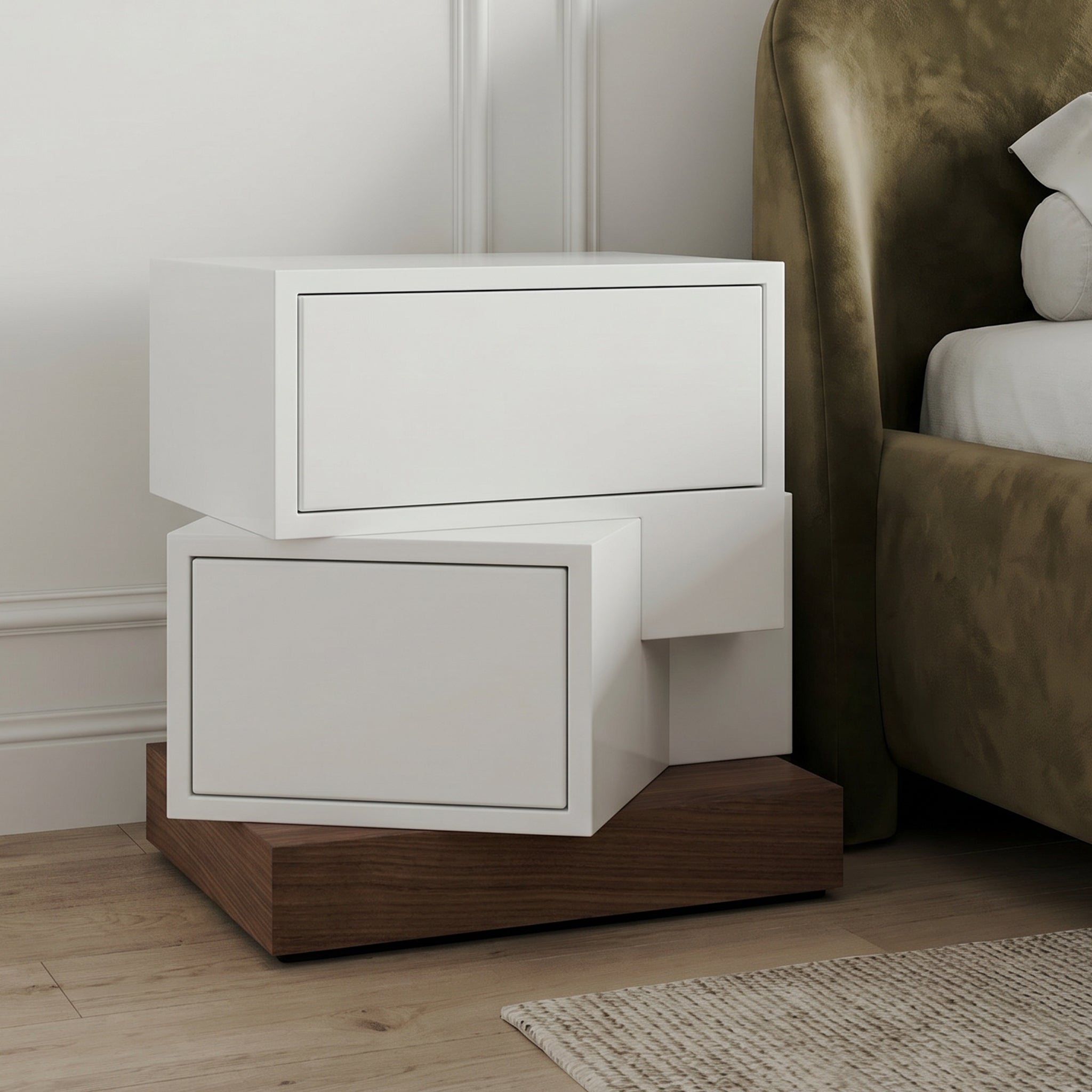 Modern White 2-Drawer Nightstand with Walnut Base - Asymmetrical Design