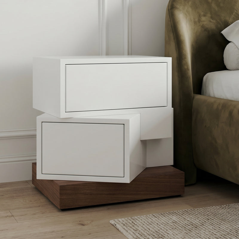 Asymmetrical 2-Drawer Nightstand — White & Walnut