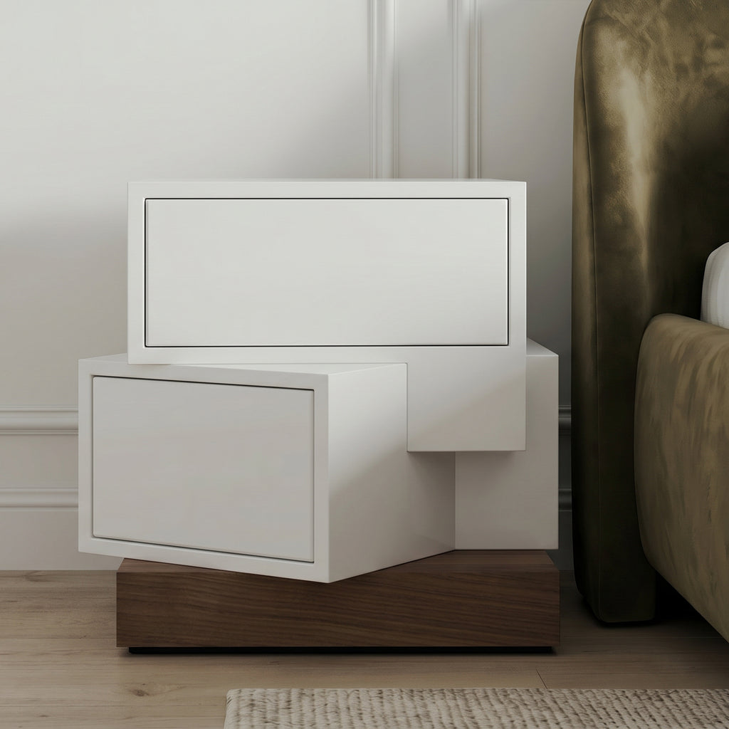 Modern White 2-Drawer Nightstand with Walnut Base - Asymmetrical Design