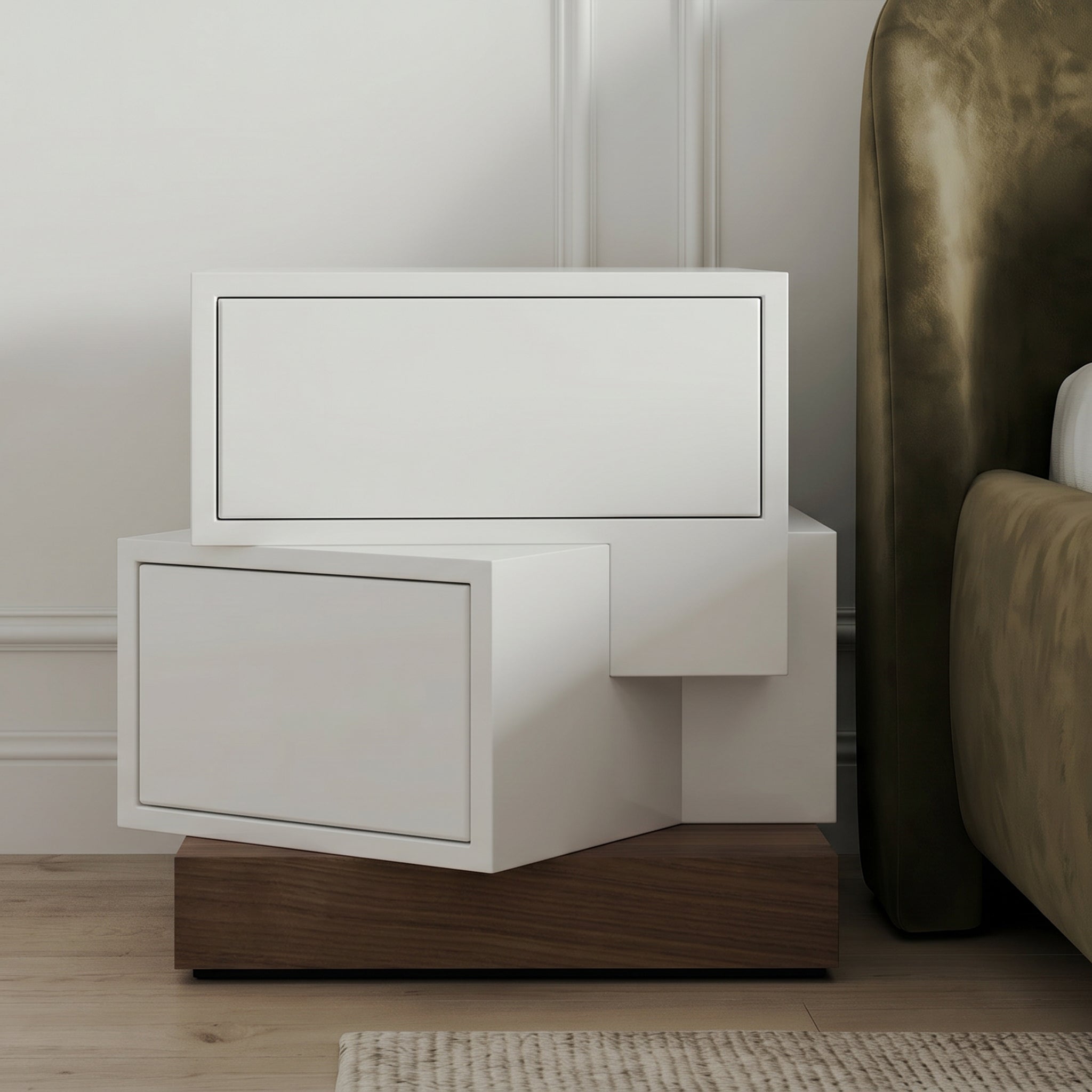 Modern White 2-Drawer Nightstand with Walnut Base - Asymmetrical Design