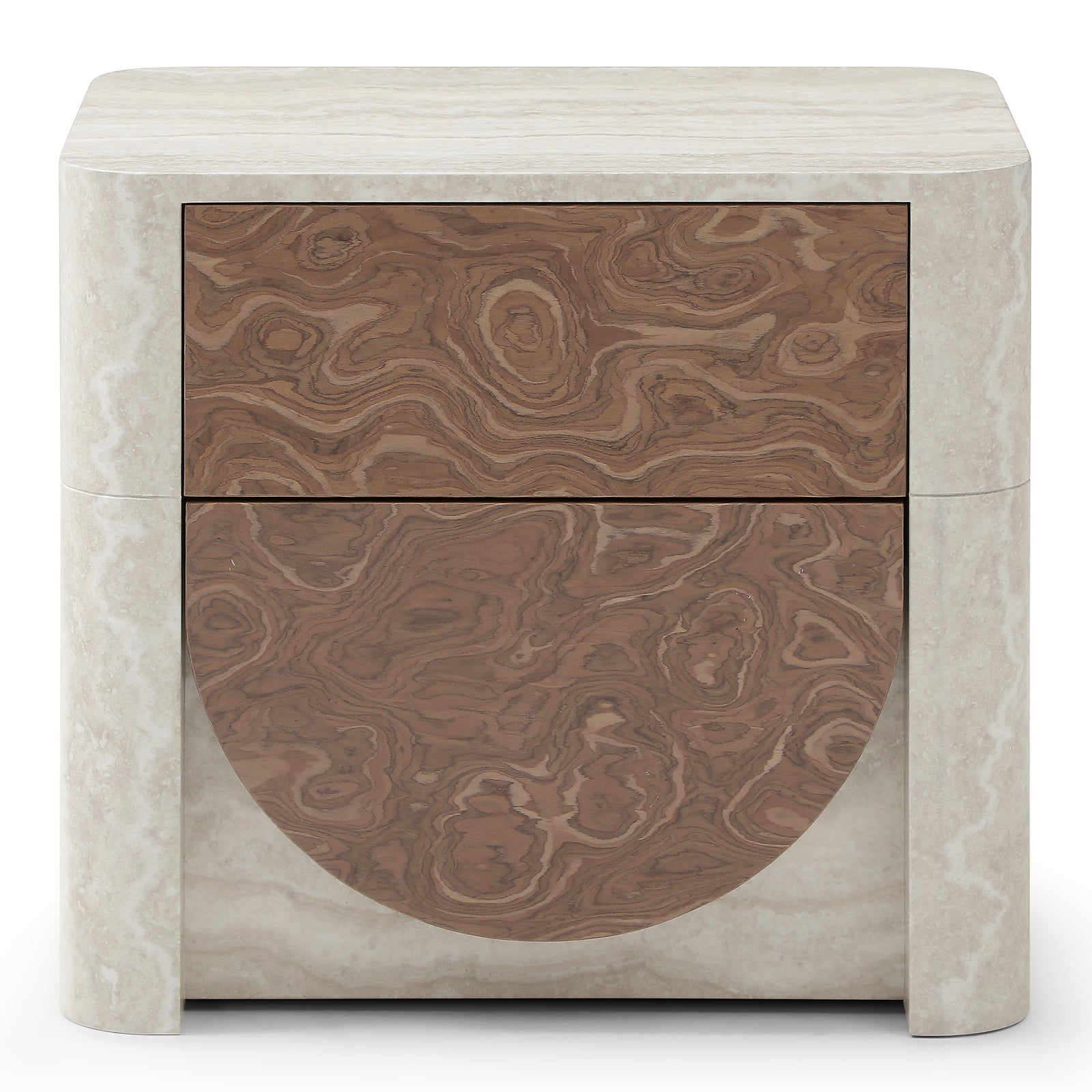 Elira Scalloped Travertine & Walnut Nightstand