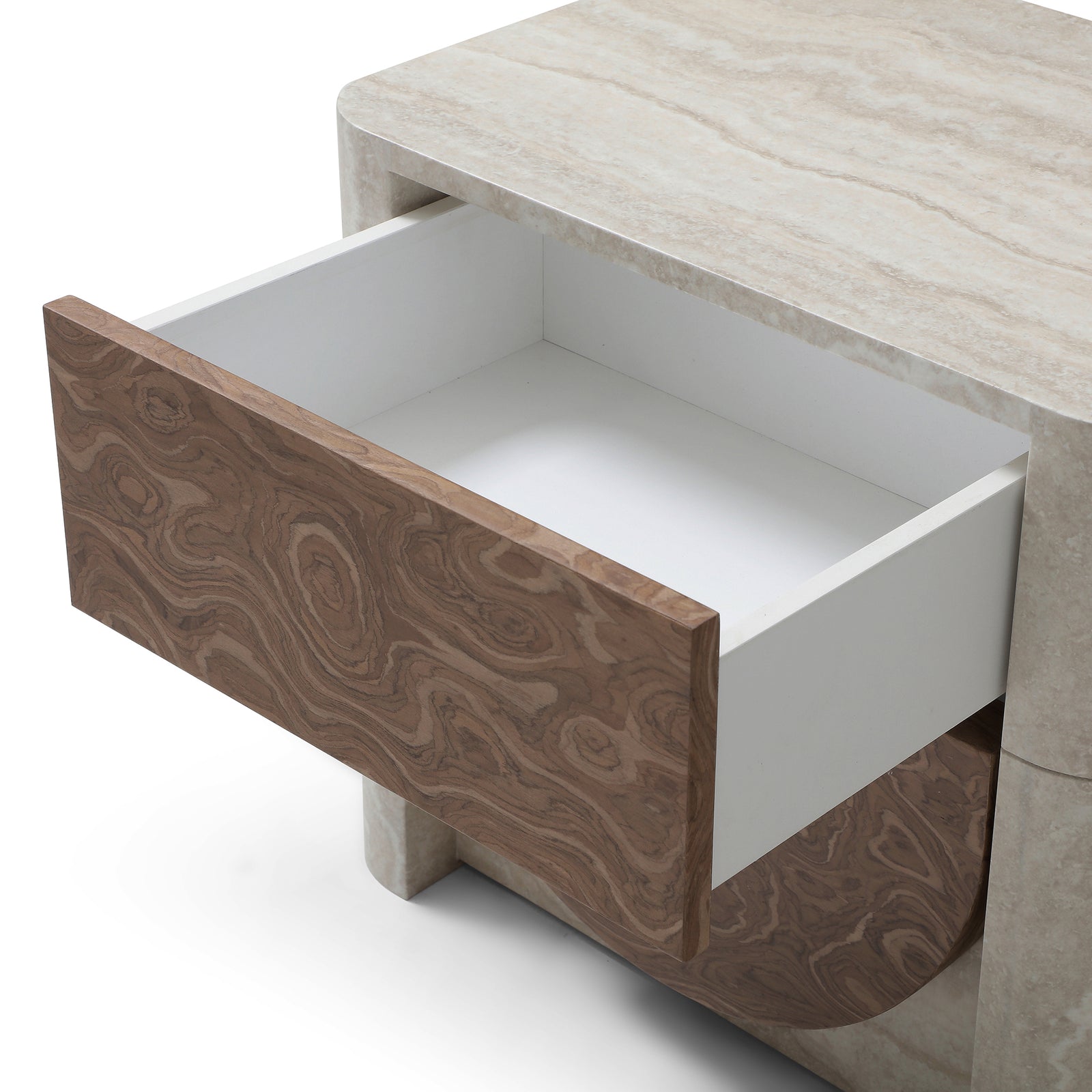 Elira Scalloped Travertine & Walnut Nightstand