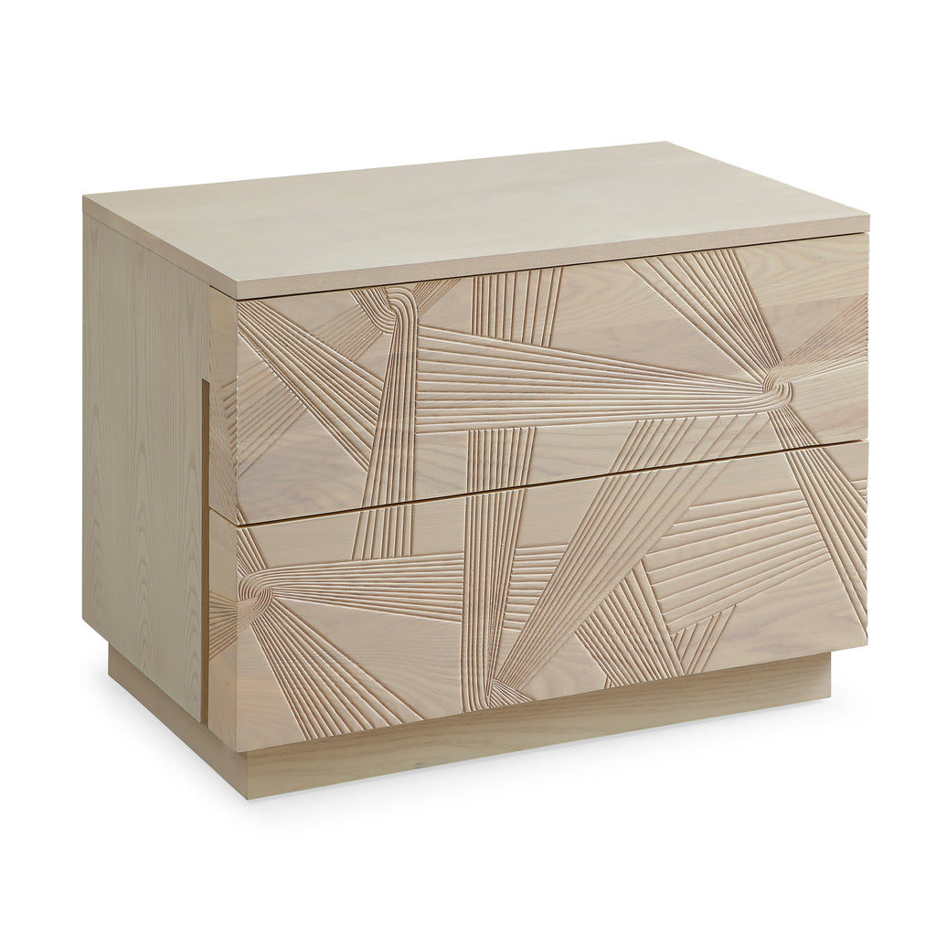 Modern Solid Oak Nightstand With 3d Carved Door & Double Drawers - Fully Assembled Bedside Table