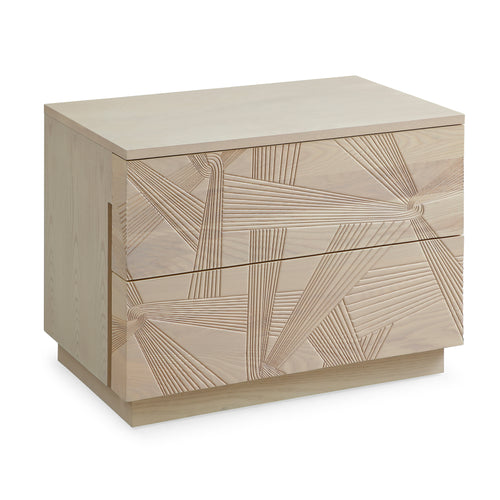 Modern Solid Oak Nightstand With 3d Carved Door & Double Drawers - Fully Assembled Bedside Table
