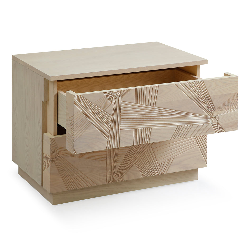 Modern Solid Oak Nightstand With 3d Carved Door & Double Drawers - Fully Assembled Bedside Table