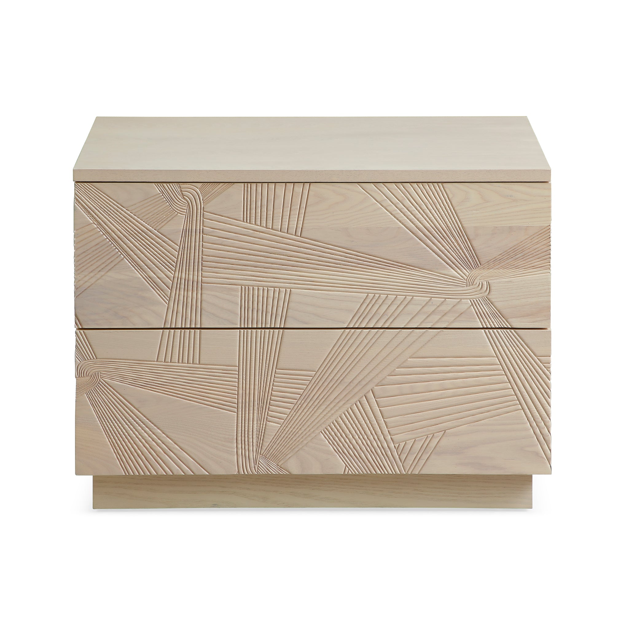 Modern Solid Oak Nightstand With 3d Carved Door & Double Drawers - Fully Assembled Bedside Table