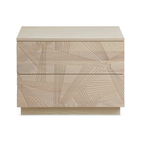 Modern Solid Oak Nightstand With 3d Carved Door & Double Drawers - Fully Assembled Bedside Table