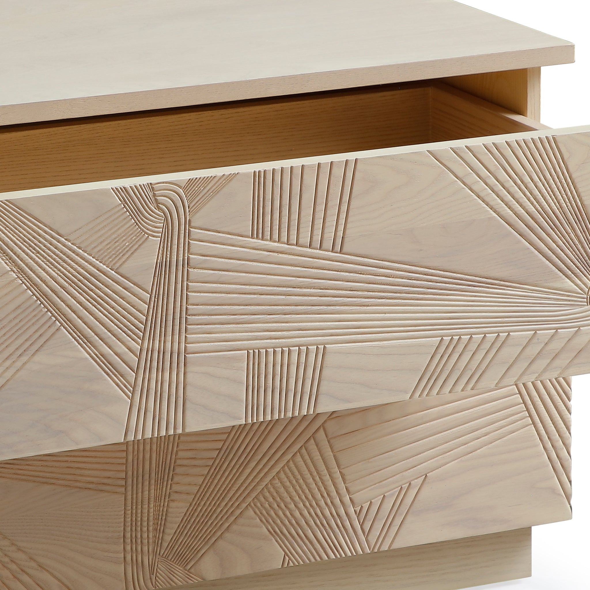 Modern Solid Oak Nightstand With 3d Carved Door & Double Drawers - Fully Assembled Bedside Table
