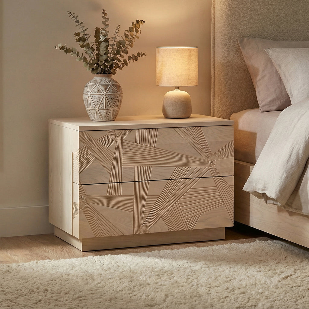 Modern Solid Oak Nightstand With 3d Carved Door & Double Drawers - Fully Assembled Bedside Table