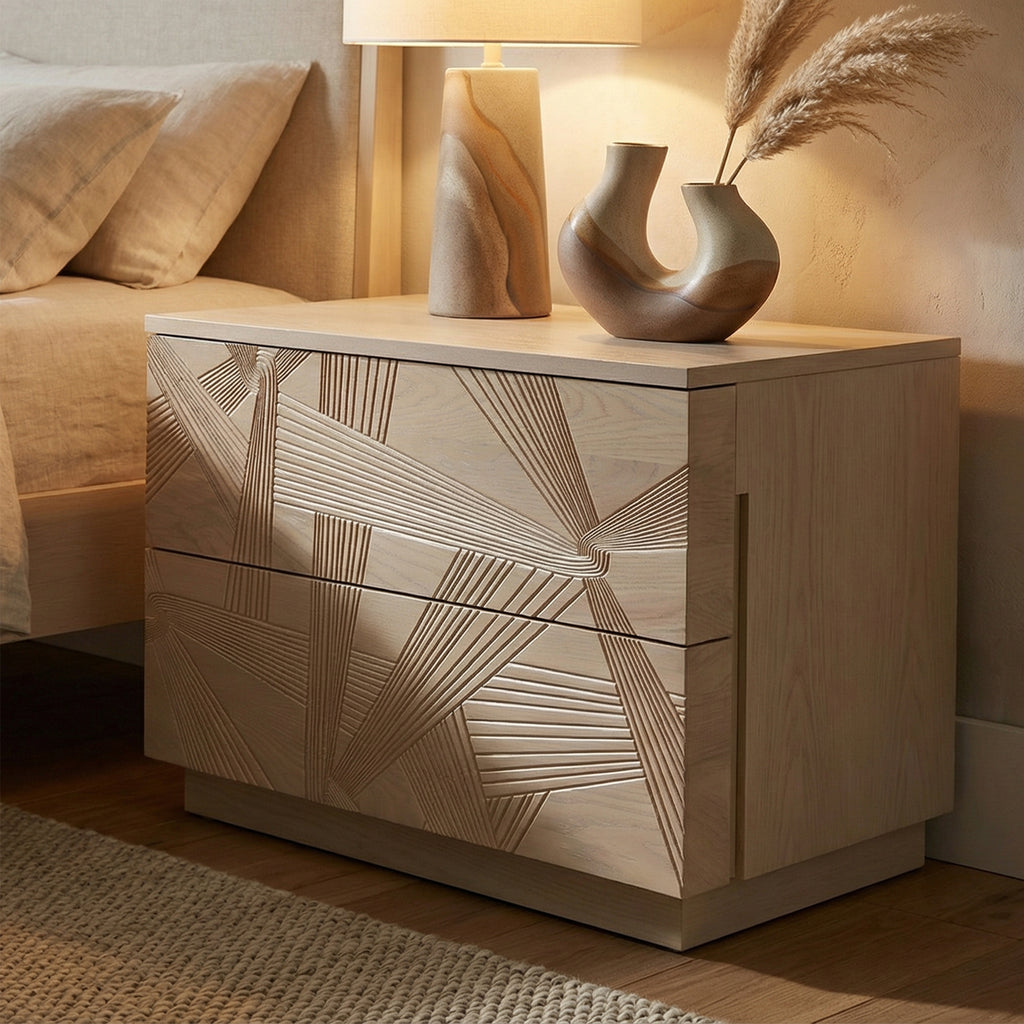 Modern Solid Oak Nightstand With 3d Carved Door & Double Drawers - Fully Assembled Bedside Table