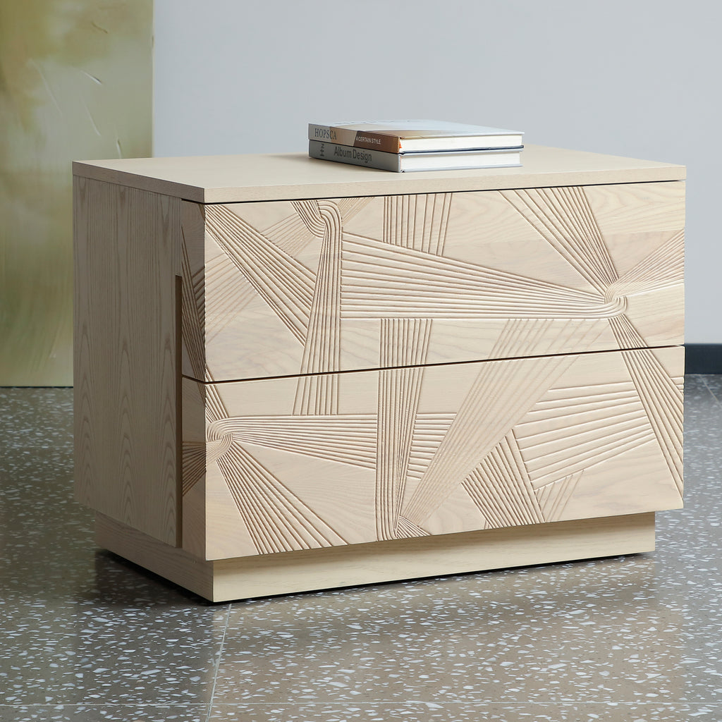 Modern Solid Oak Nightstand With 3d Carved Door & Double Drawers - Fully Assembled Bedside Table