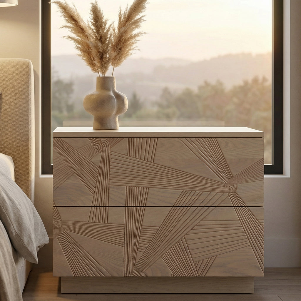 Modern Solid Oak Nightstand With 3d Carved Door & Double Drawers - Fully Assembled Bedside Table