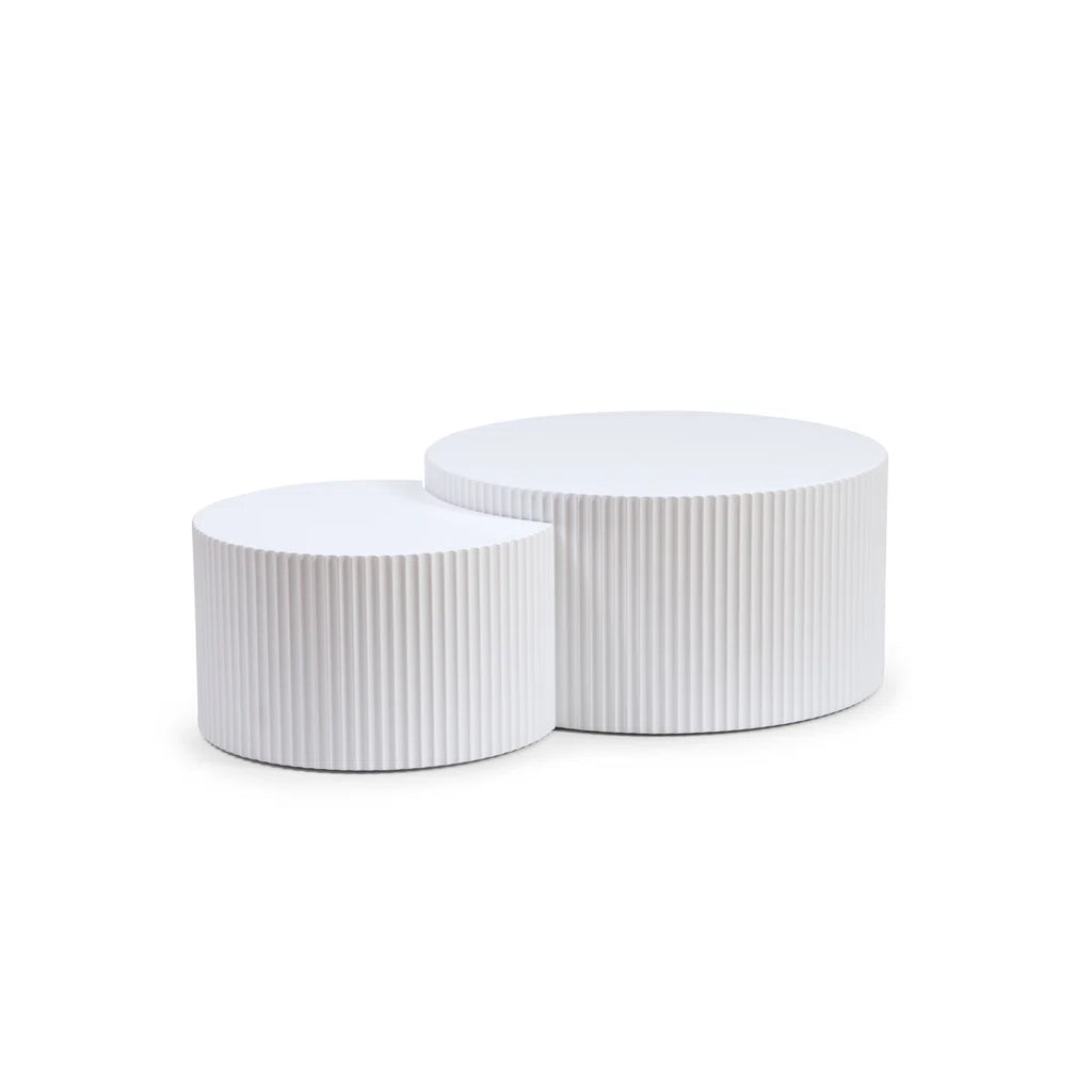 Round Nesting Coffee Tables Set Of 2, Modern White Fluted Drum Accent Tables, Stripe Cream Side Tables For Living Room