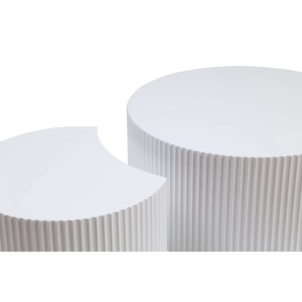 Round Nesting Coffee Tables Set Of 2, Modern White Fluted Drum Accent Tables, Stripe Cream Side Tables For Living Room