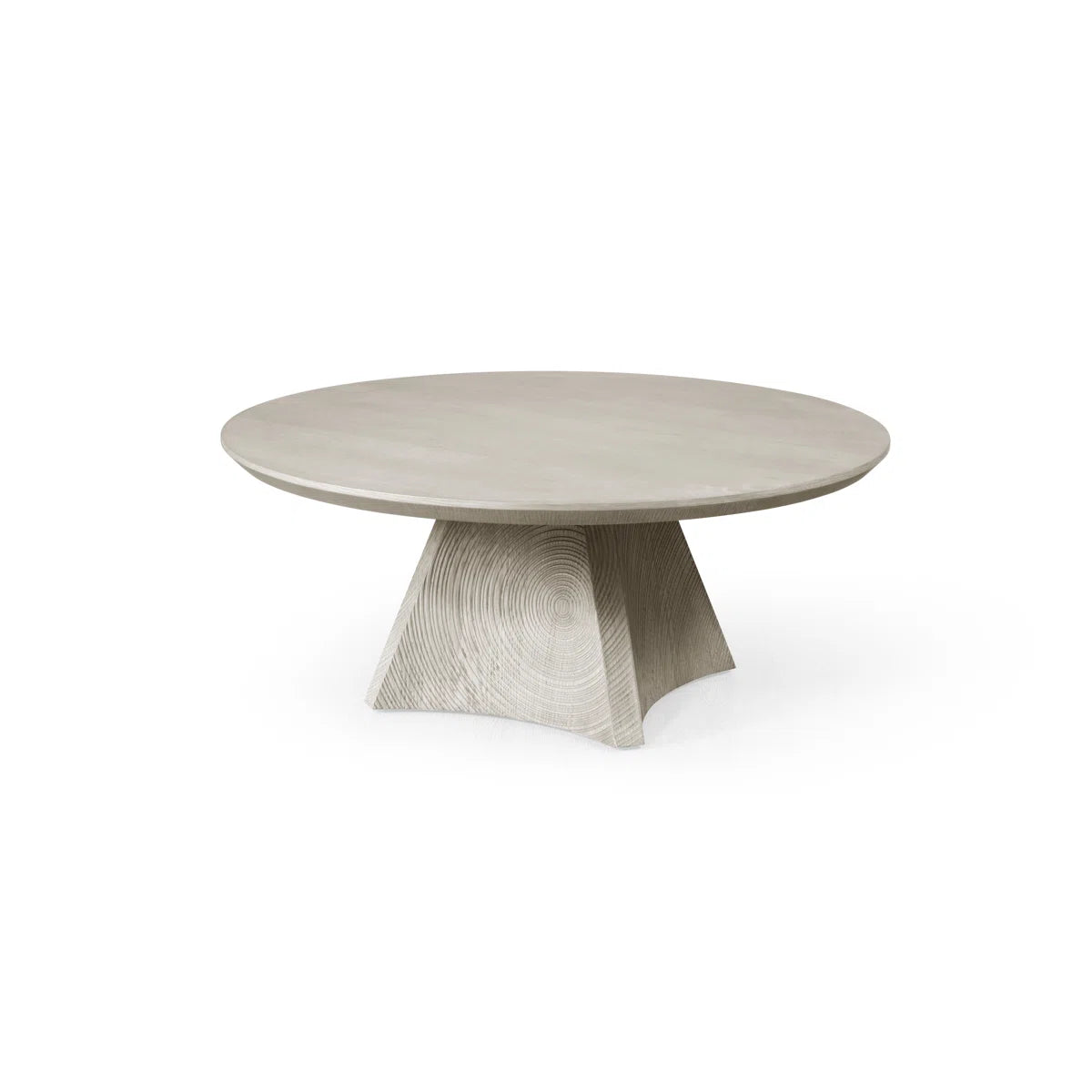 35.4" Round White Oak Coffee Table With Carved Triangular Legs