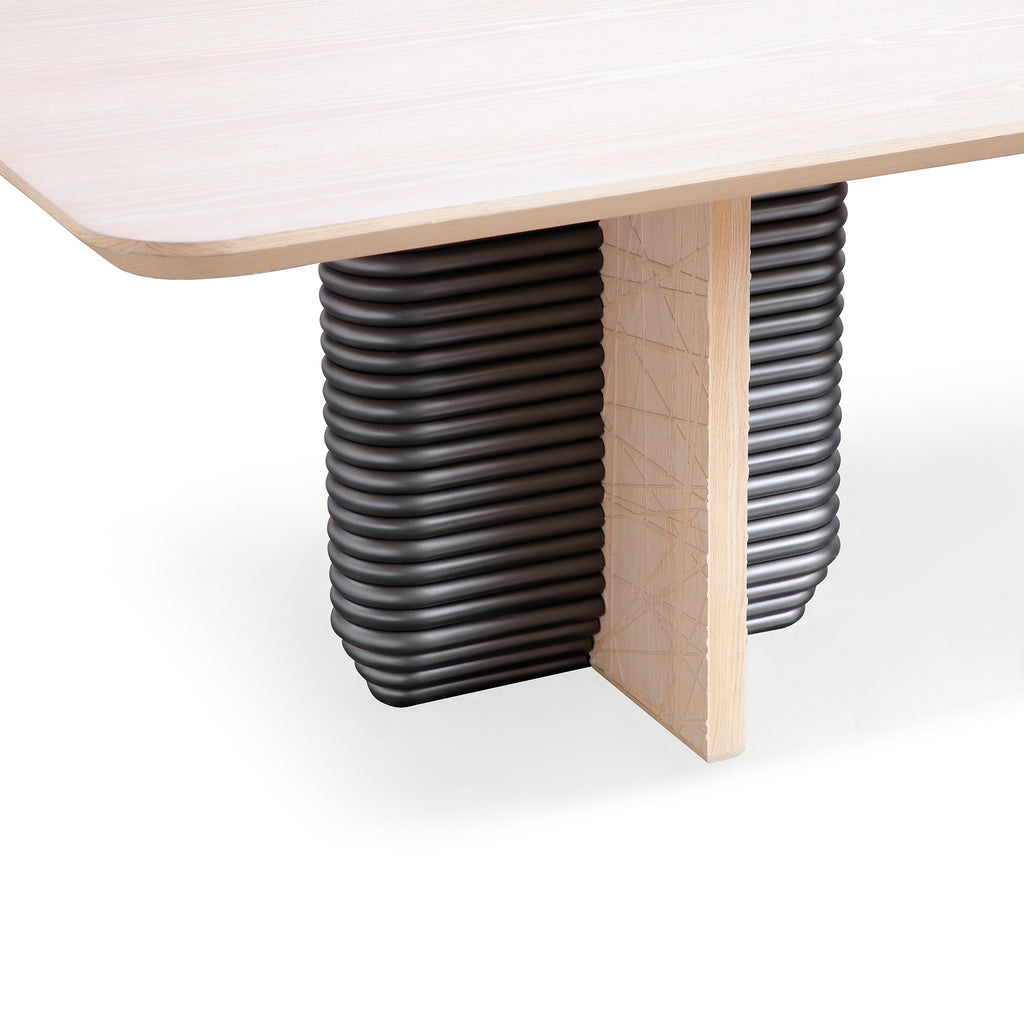 Oak Veneer Dining Table, 78" — Natural Knot & Sculptural Legs