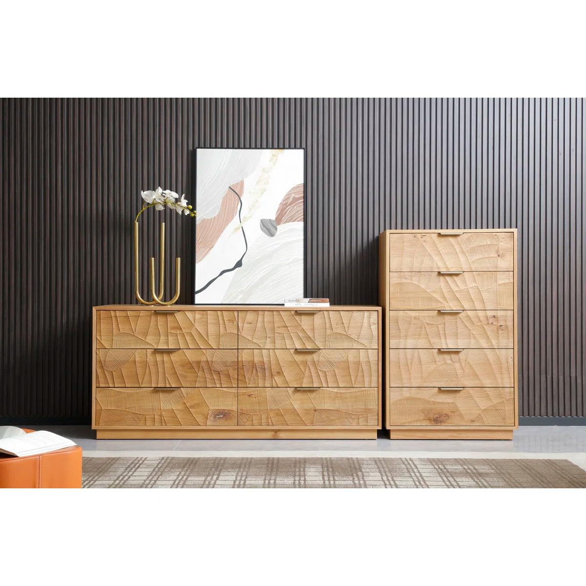 66" Wide Rustic Solid Wood 6-Drawer Double Dresser With Hand-Carved Doors & Stainless Steel Handles