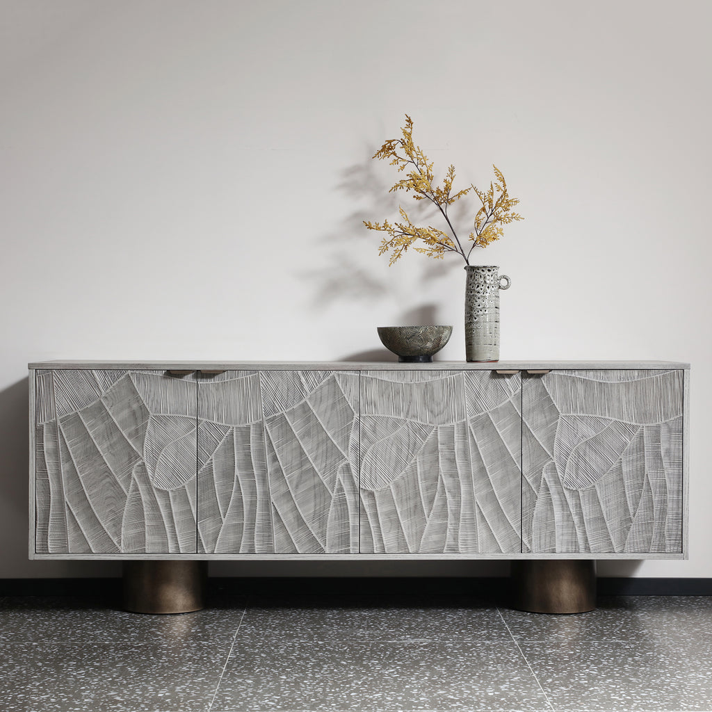 Carved Wood Sideboard Buffet — Textured Doors, 78.7"