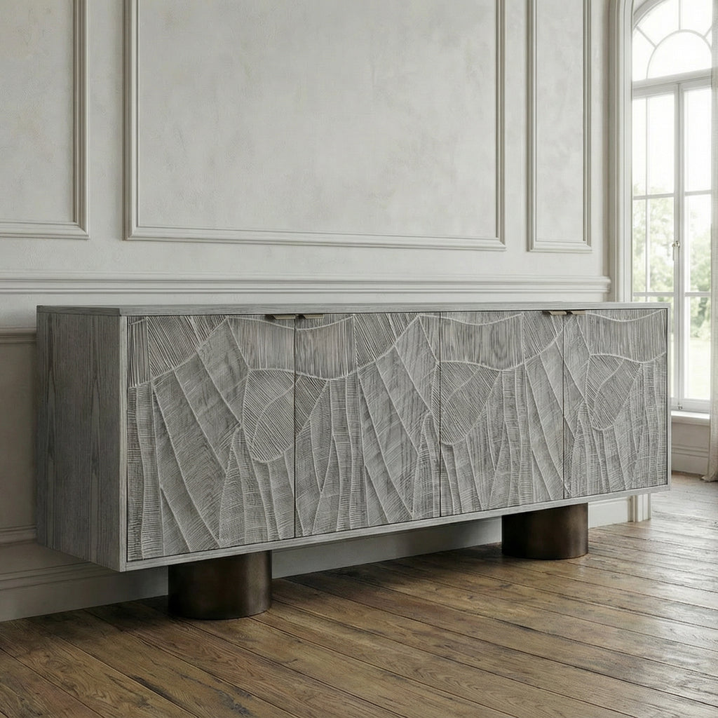 Carved Wood Sideboard Buffet — Textured Doors, 78.7"