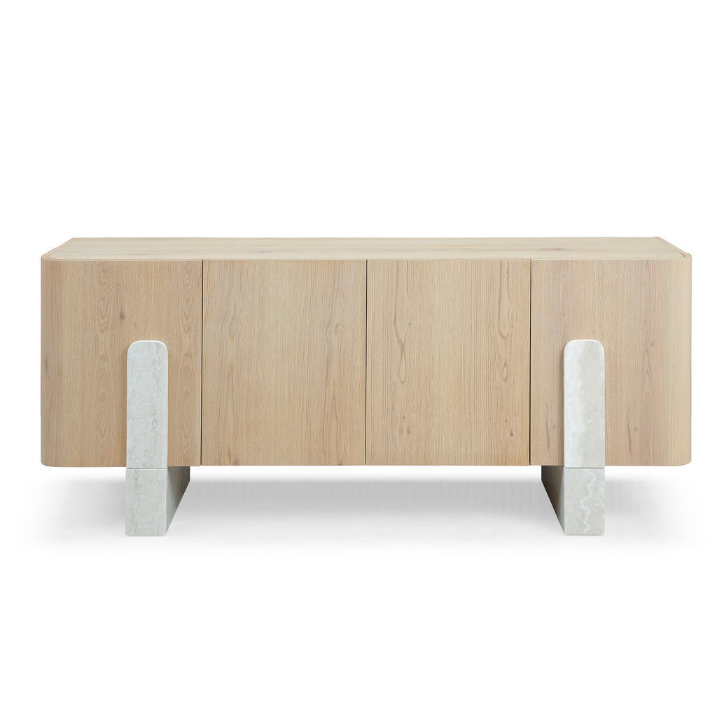 Light Oak Veneer Sideboard Buffet — Faux Marble Legs, 78"