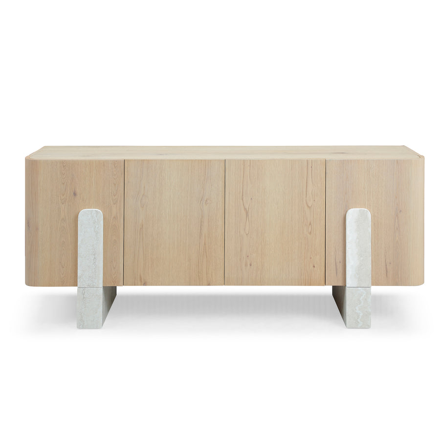Light Oak Veneer Sideboard Buffet — Faux Marble Legs, 78" detail