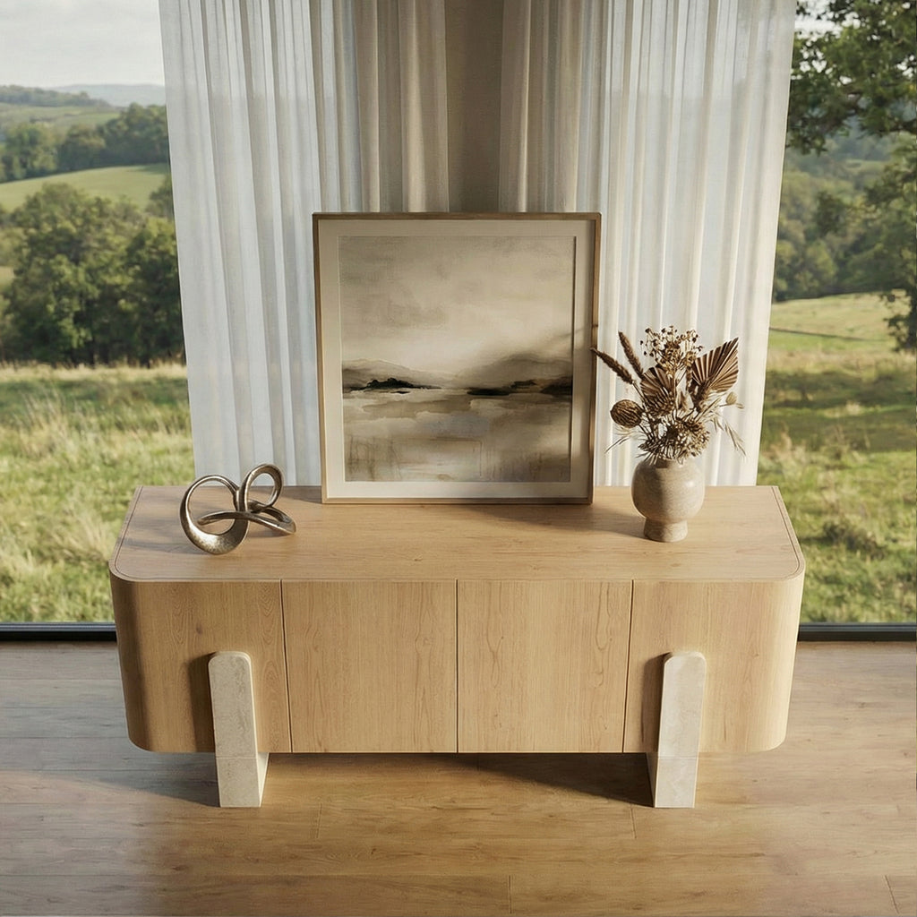 Light Oak Veneer Sideboard Buffet — Faux Marble Legs, 78"