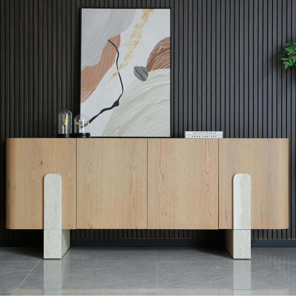 Light Oak Veneer Sideboard Buffet — Faux Marble Legs, 78"