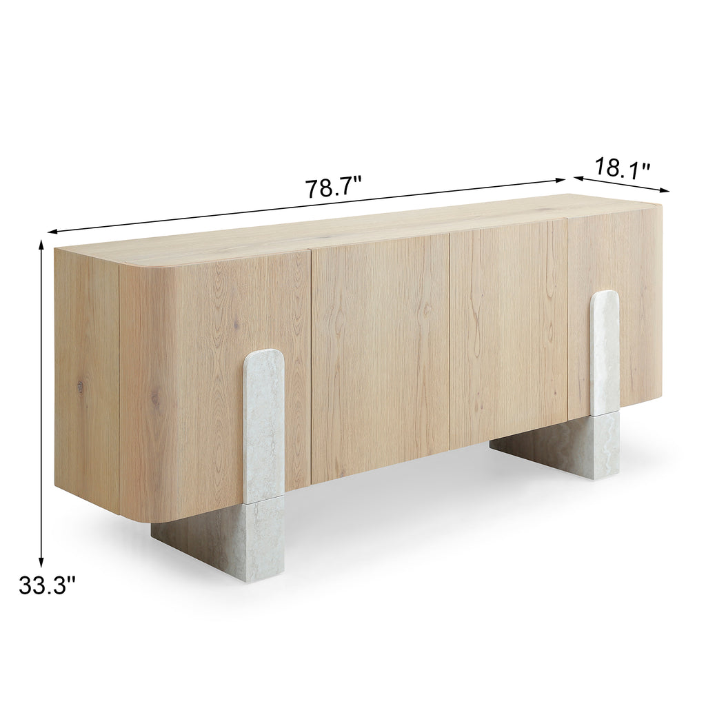 Light Oak Veneer Sideboard Buffet — Faux Marble Legs, 78"