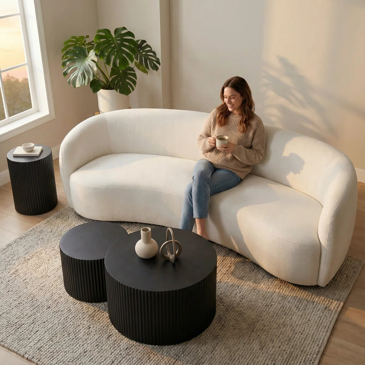 Nesting Coffee Tables Set Of 2, Black Round Modern Fluted Wooden Drum Accent Tables, 23.6", No Assembly Required For Living Room