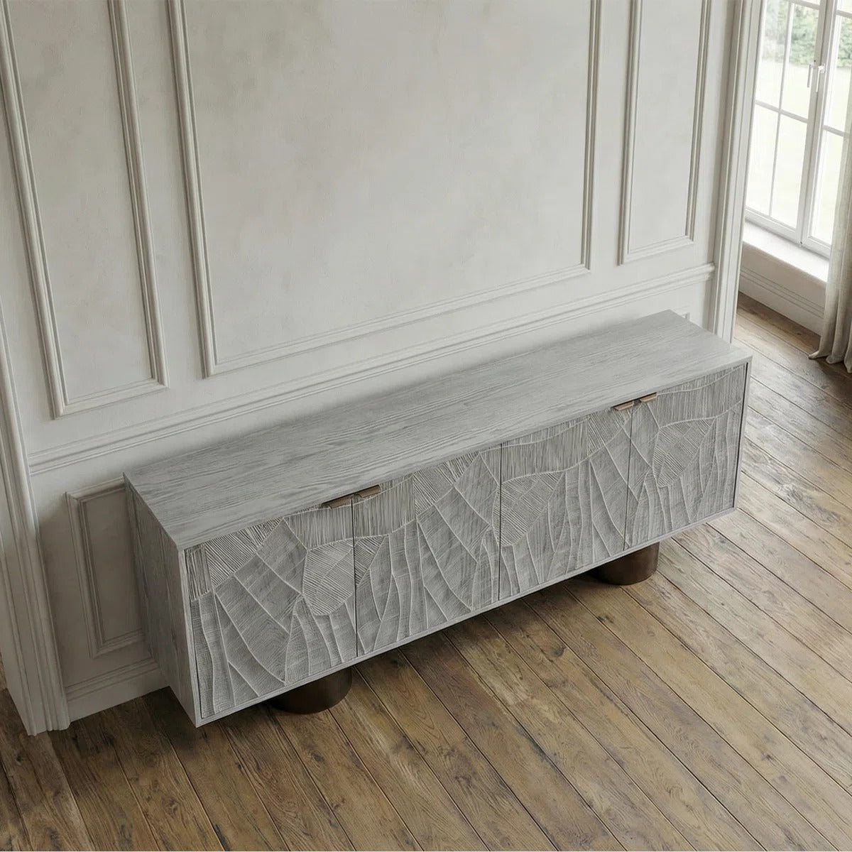 Modern Carved Wood Sideboard Buffet With Textured Doors - 78.7"