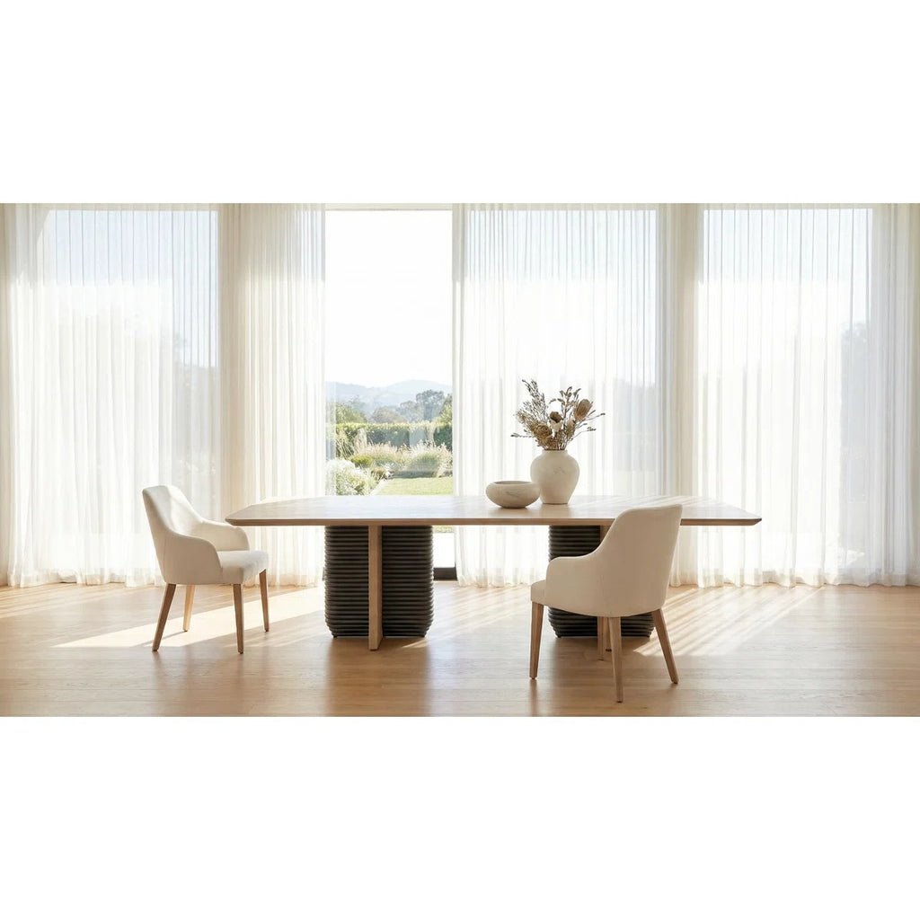 78-inch Oak Veneer Dining Table For 8 With Natural Knot Detailing, Rounded Corners & Sculptural Wooden Legs