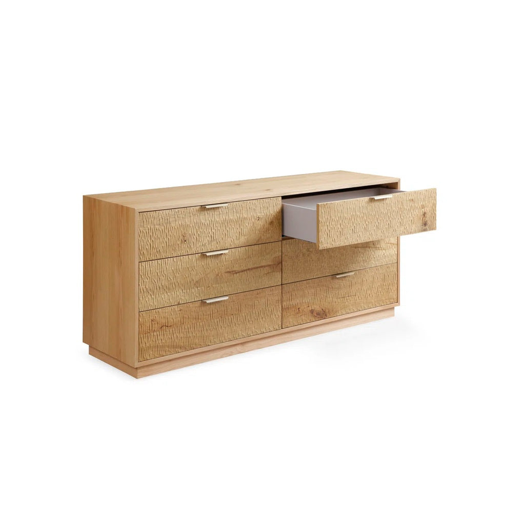 Large Rustic Solid Wood 6-Drawer Dresser With Hand-Carved Doors & Stainless Steel Handles