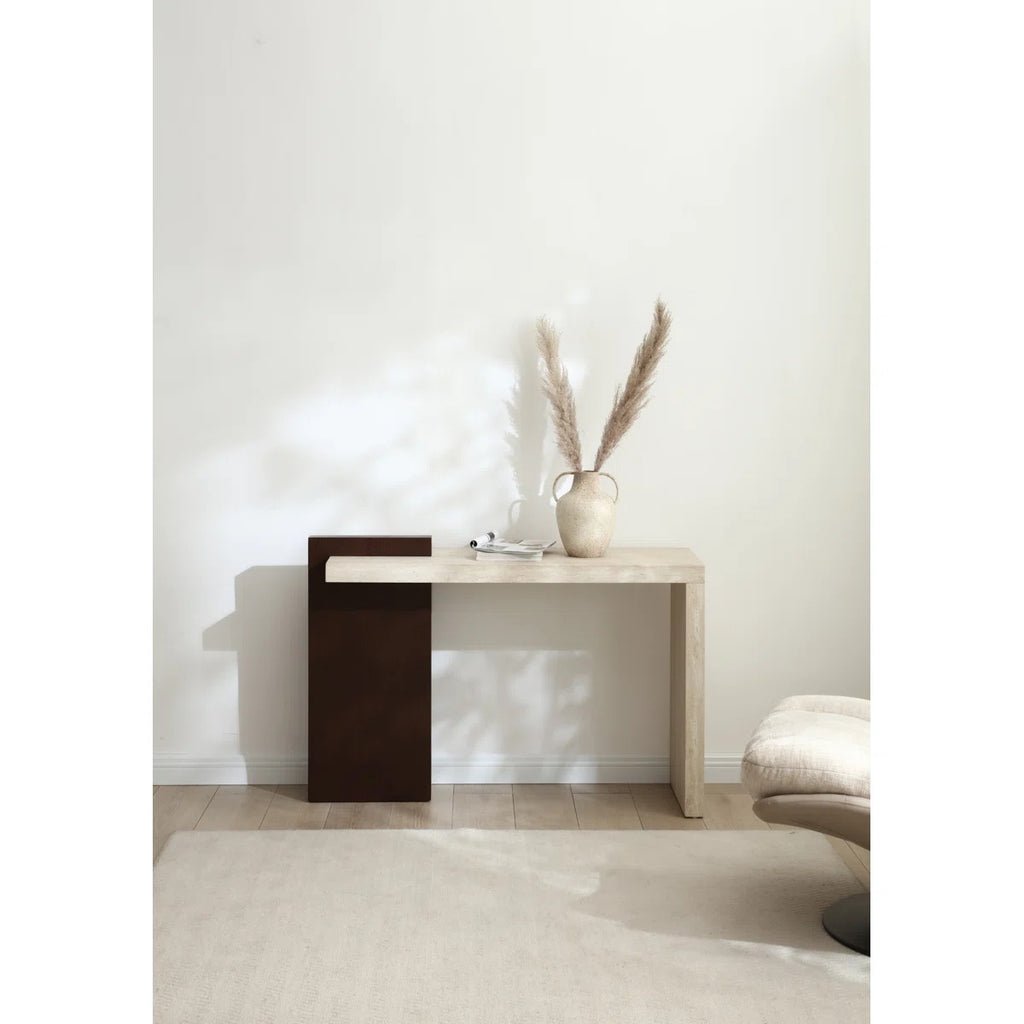 Modern Entryway Console Table With Walnut Wood Grain & Faux Marble Top, Asymmetrical Design Mdf Sofa Table Hallway Accent Table, Easy Assembly