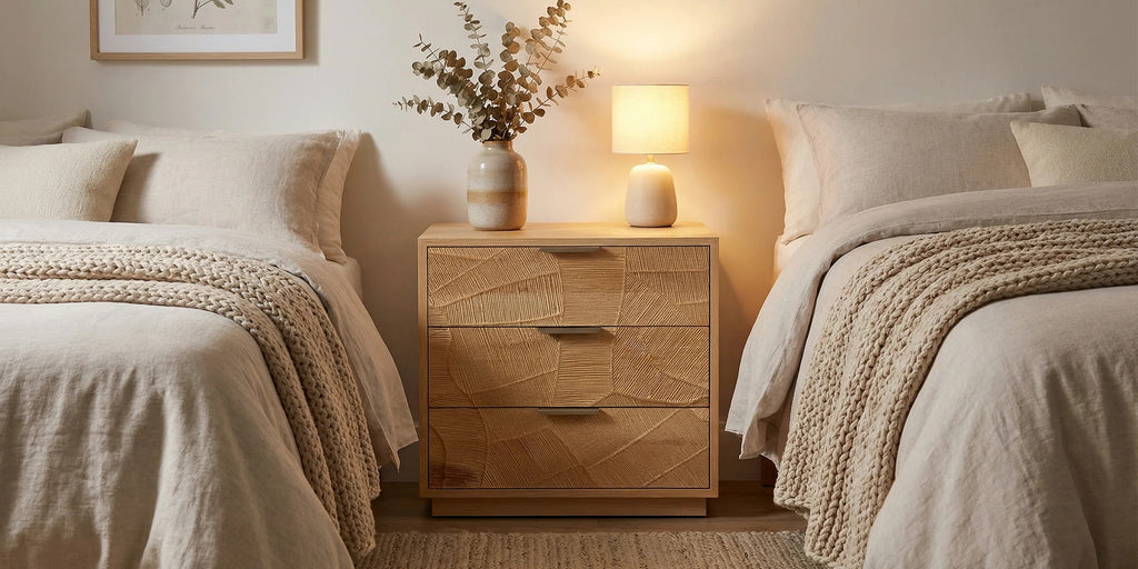 Rustic Solid Wood 3-Drawer Nightstand With Hand-Carved Door & Stainless Steel Handles