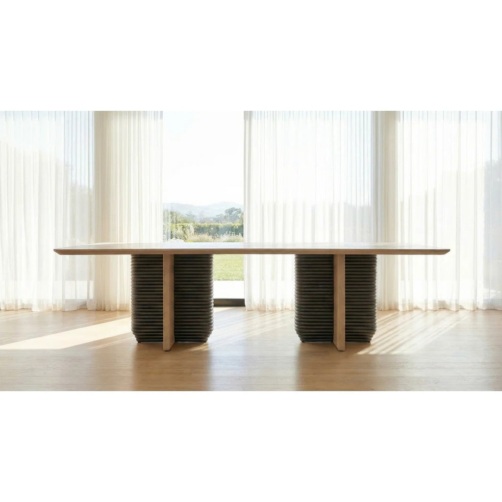 78-inch Oak Veneer Dining Table For 8 With Natural Knot Detailing, Rounded Corners & Sculptural Wooden Legs