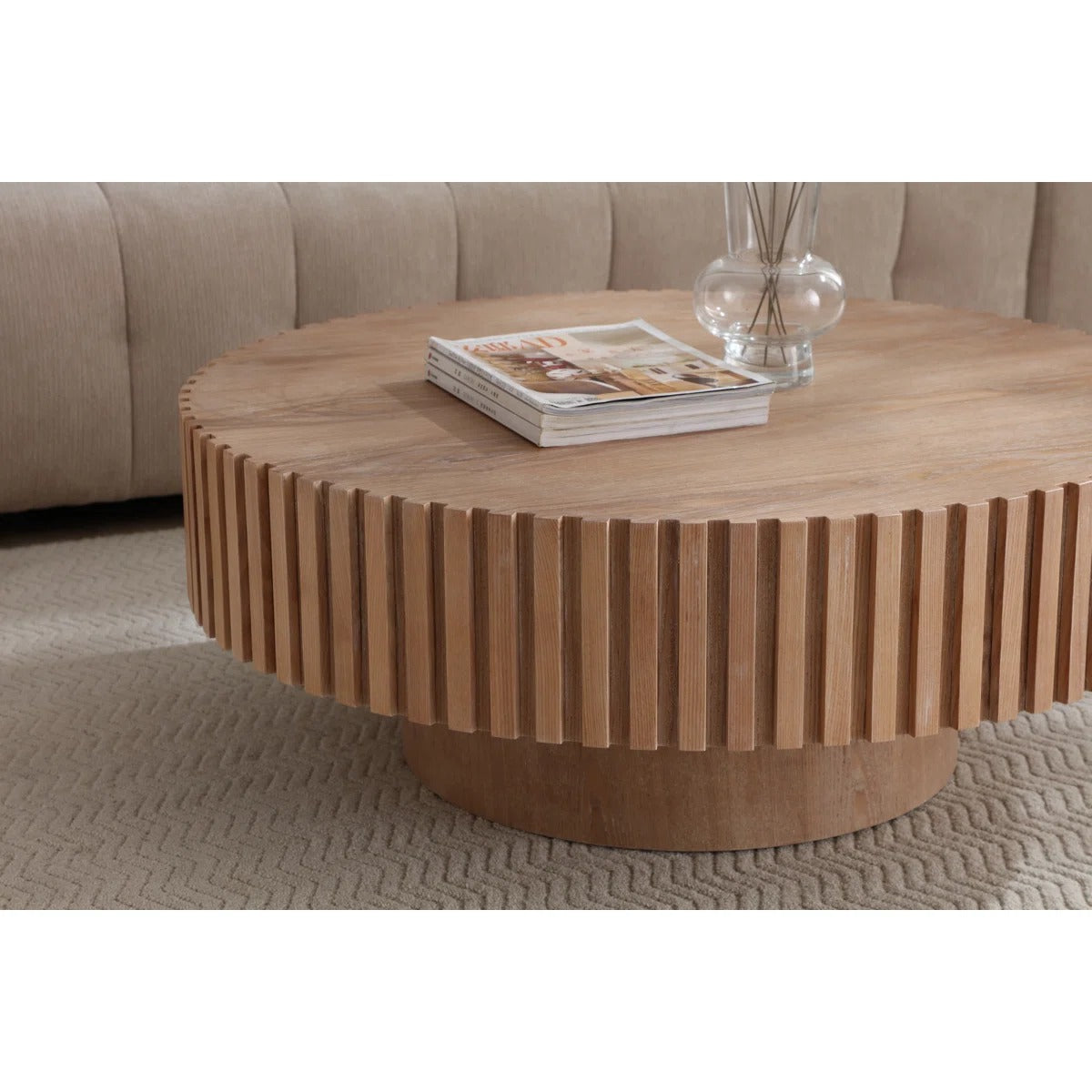 Fluted Oak Drum Coffee Table, 35"